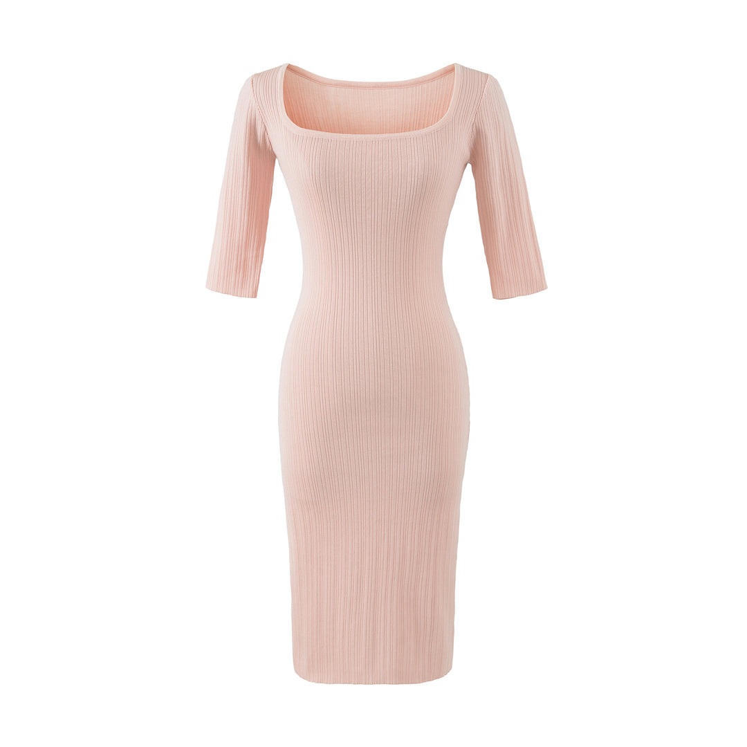 Damen Geripptes Midikleid mit quadratischem Ausschnitt und dreiviertelärmeln Echoarchiv