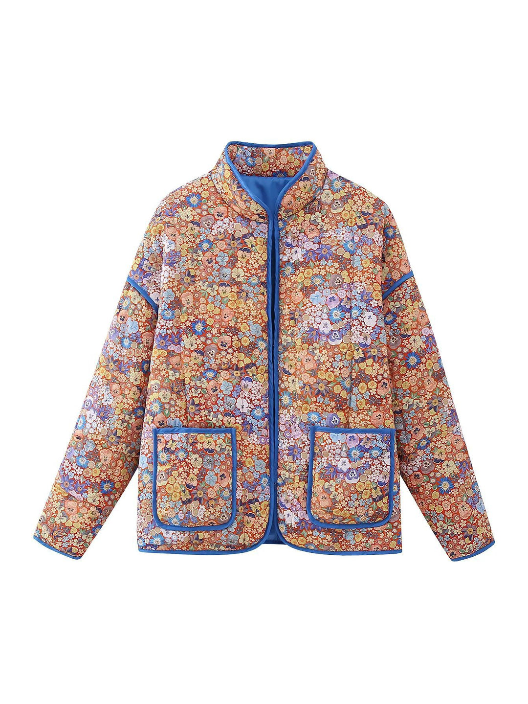 Damen gesteppte Blumenjacke mit Stehkragen Reißverschluss und aufgesetzten Taschen – Célinea