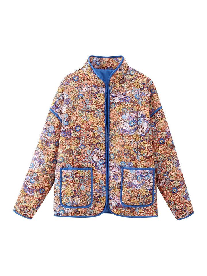 Damen gesteppte Blumenjacke mit Stehkragen Reißverschluss und aufgesetzten Taschen – Célinea