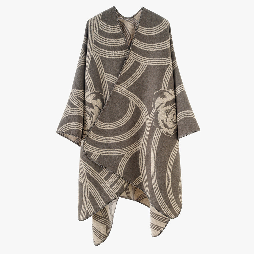Damen Jacquard‑Capeponcho mit Rosendessin und Oversize‑Fall Echo Archiv