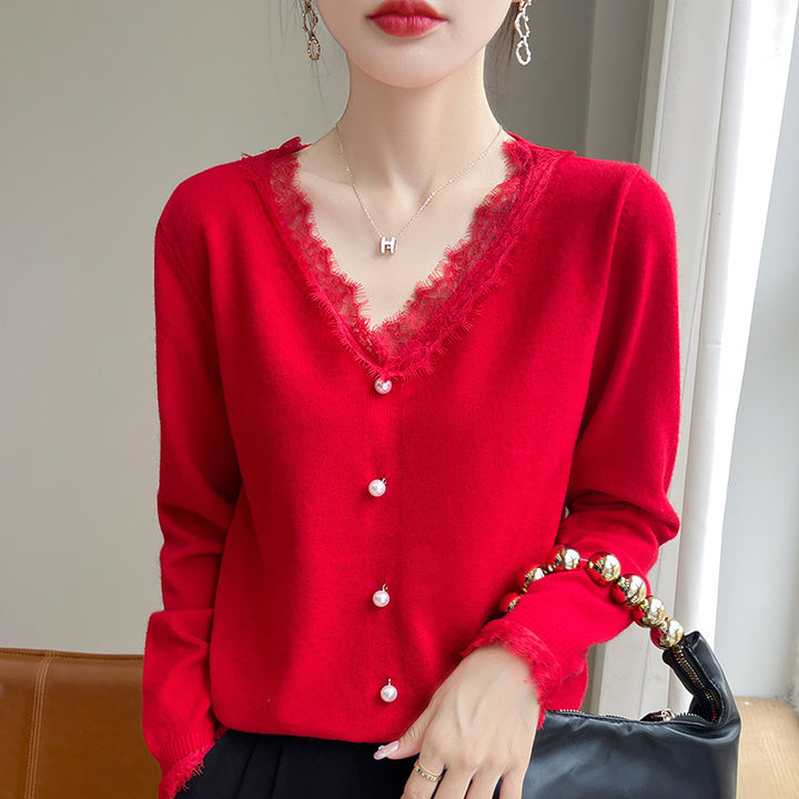 Damen Zarter V-Ausschnitt-Feinstrickcardigan mit floraler Spitzenkante und Perlenverzierung Echoarchiv