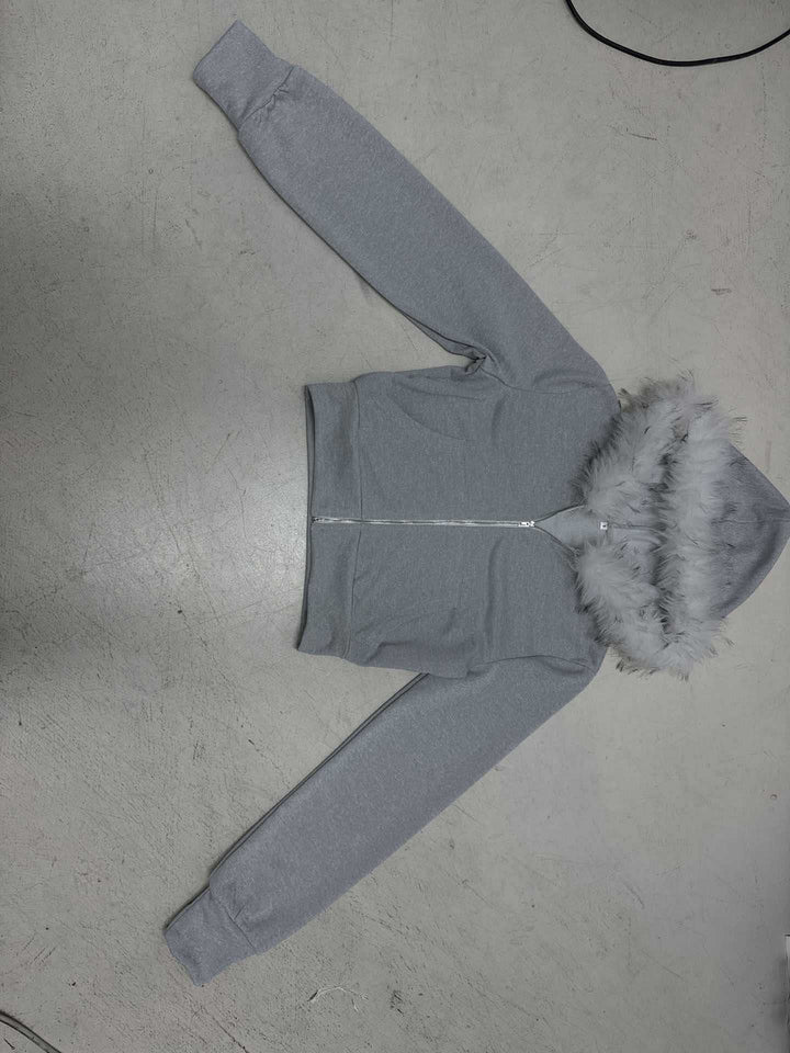 Damen Kurze Kapuzenjacke mit Reißverschluss, tailliertem Cropped-Schnitt und Kunstfellkragen – Célinea