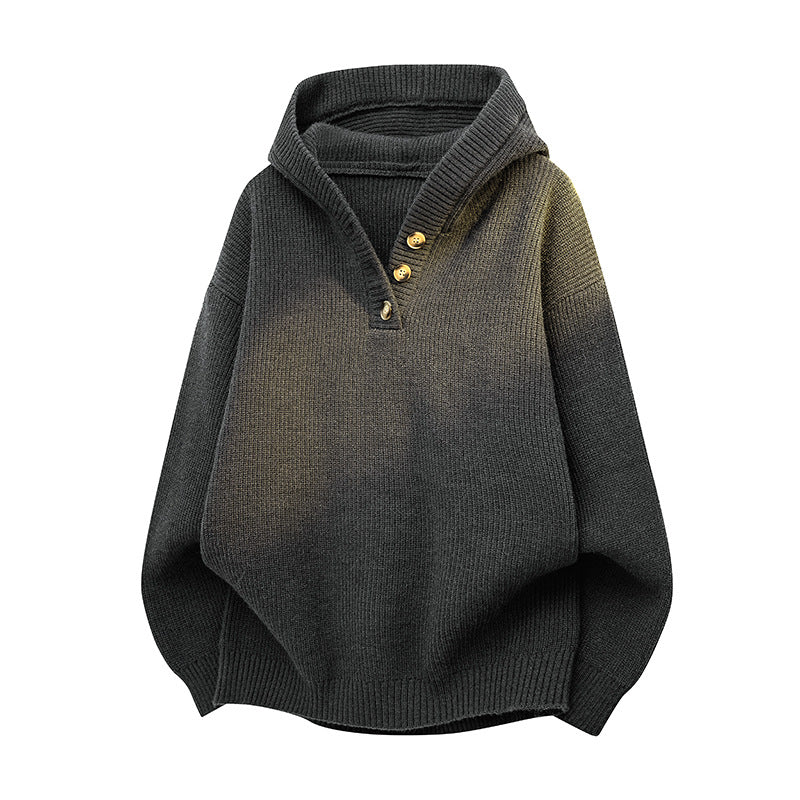 Damen Relaxed Kapuzenpullover aus geripptem Strick mit Halbsteg-Knopfleiste Echoarchiv