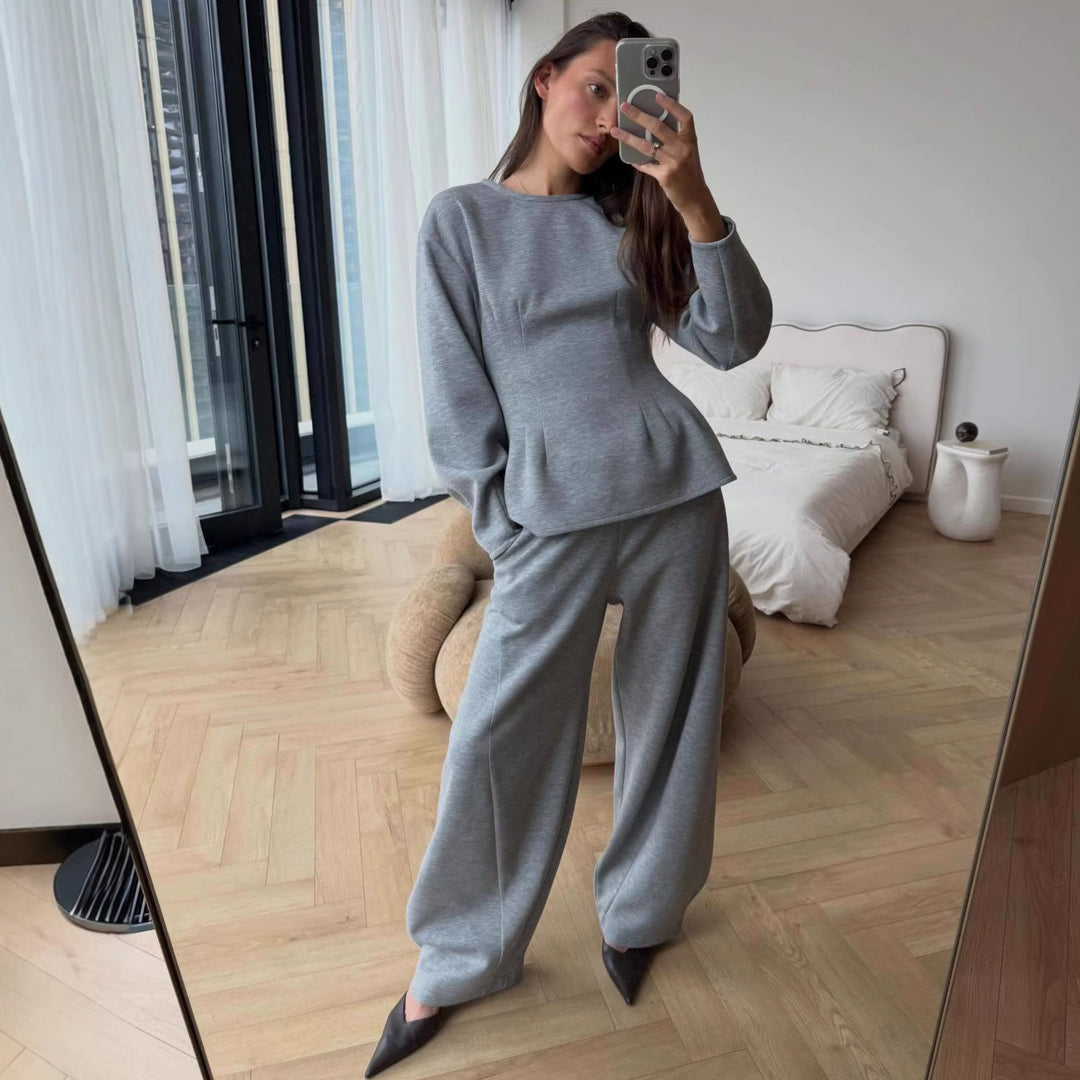 Damen Tailliertes Peplum-Oberteil mit Wiener Nähten und weitem Lounge-Hosen-Set Echo Archiv