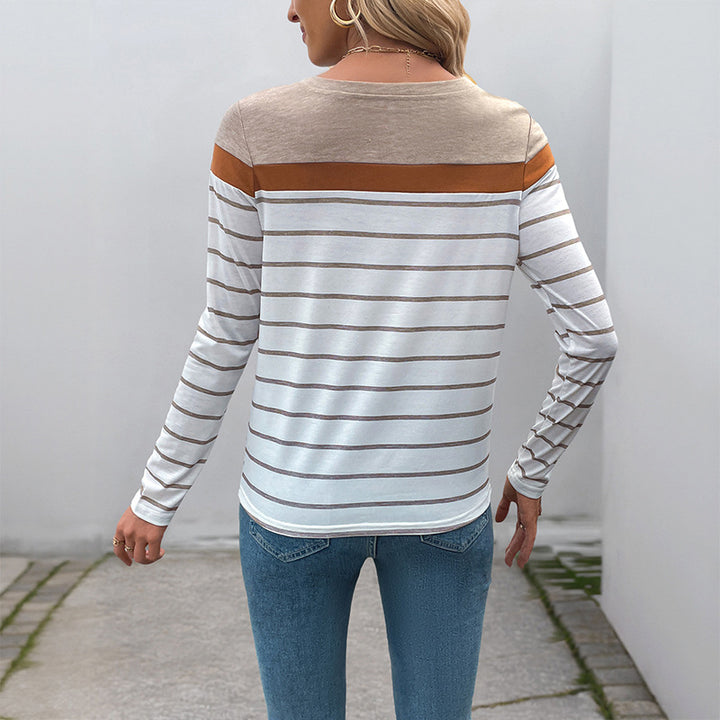 Damen Langarm-Shirt mit feinem Streifenmuster, Kontrast-Schulterpasse und Rundhalsausschnitt – Orélia