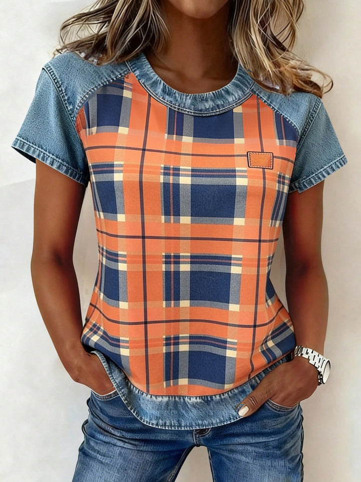 Damen Kurzarmshirt mit Jeans-Einsätzen und Teddy-Patchprint Echo Archiv