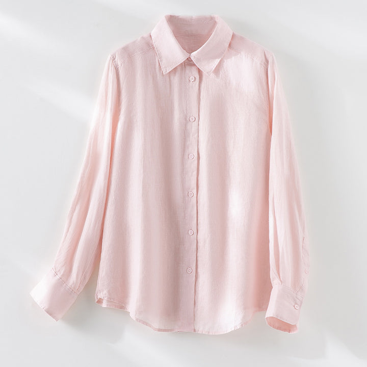 Damen Locker fallende Leinenmix-Bluse mit Hemdkragen und Manschetten Echoarchiv