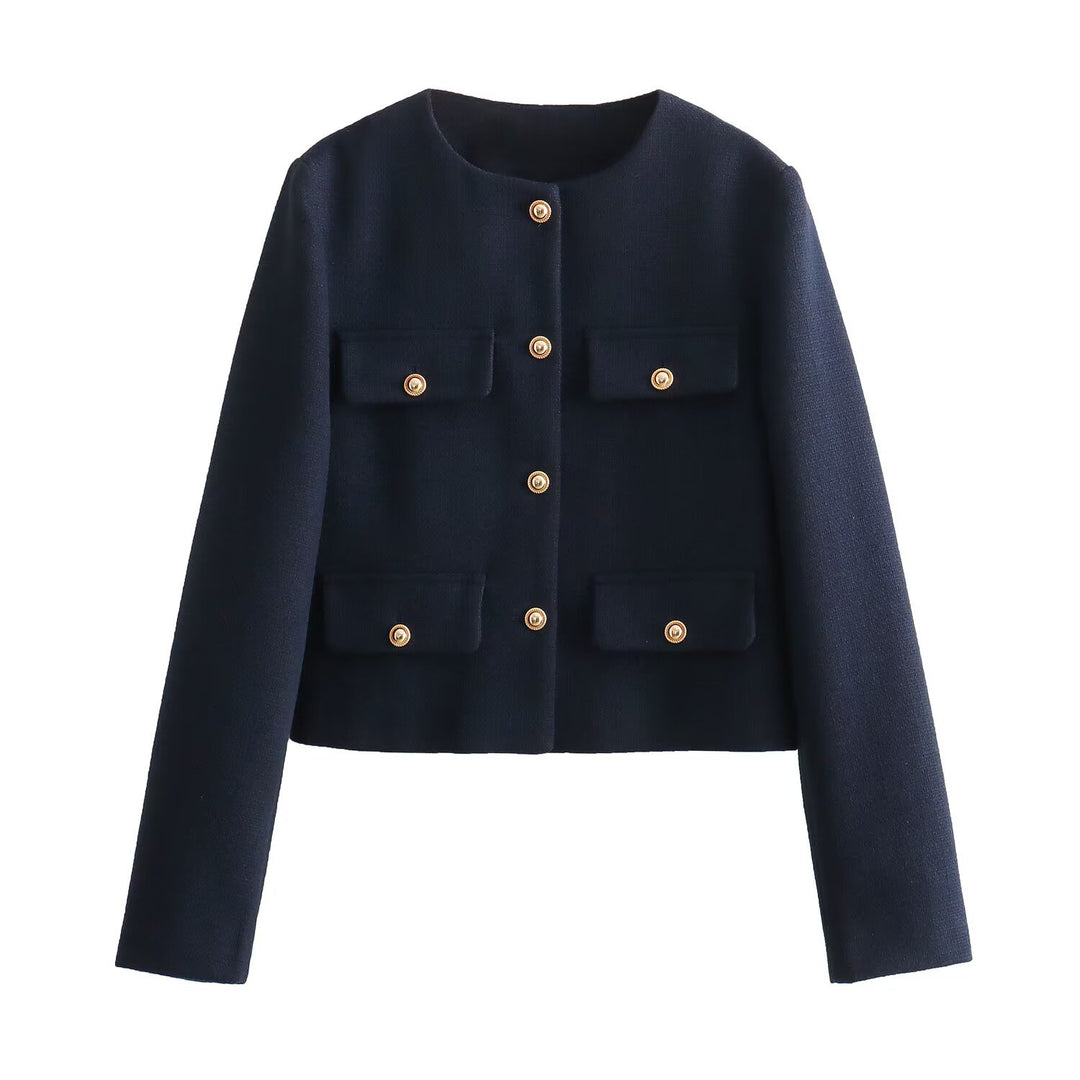 Damen Bouclé-Cropped-Jacke mit vier Pattentaschen und goldenen Schmuckknöpfen Echo Archiv