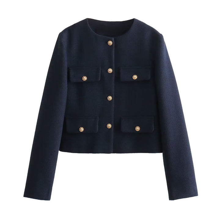 Damen Bouclé-Cropped-Jacke mit vier Pattentaschen und goldenen Schmuckknöpfen Echo Archiv