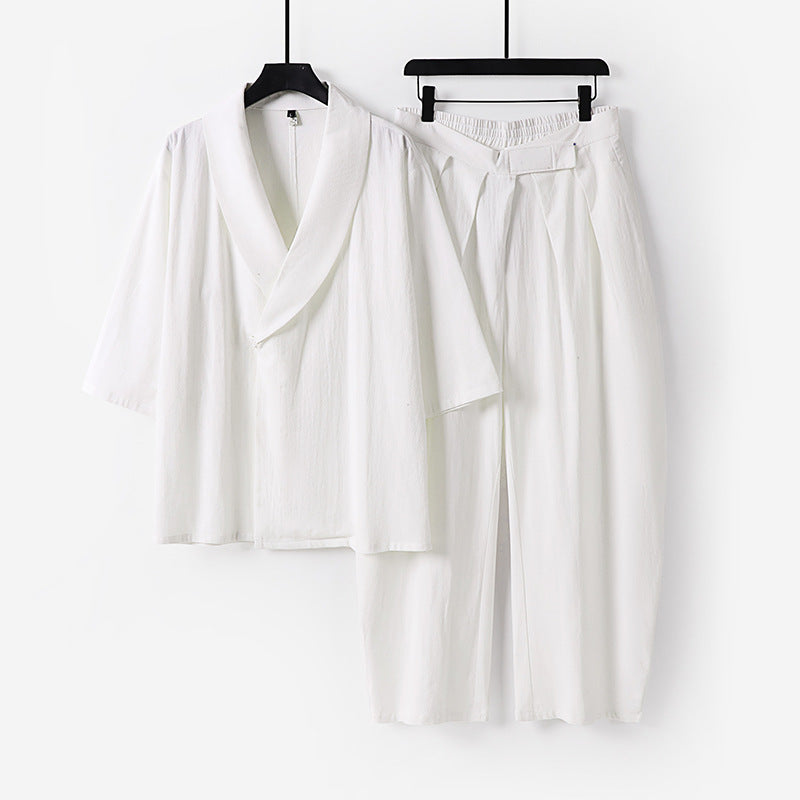 Damen Zweiteiliges Kimono-Loungewear-Set mit Schalkragen Kurzarm-Oberteil und hochtaillierter Plissee-Hose Echoarchiv
