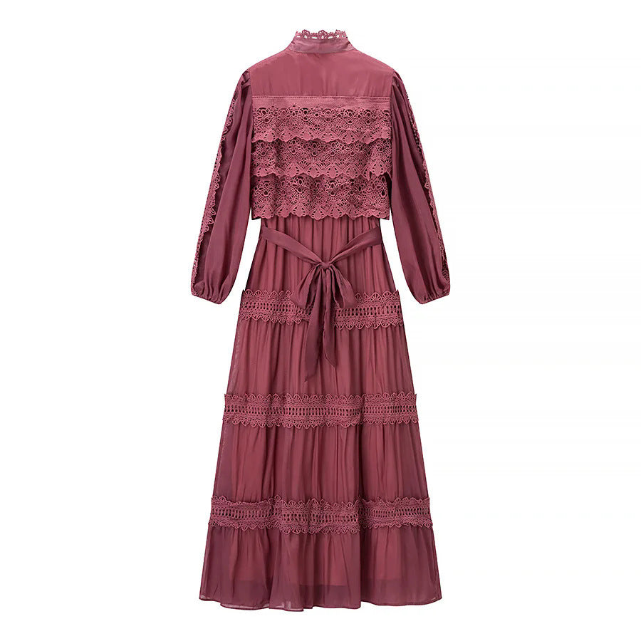 Damen romantisches Maxikleid mit Stehkragen, Knopfleiste und gehäkelten Spitzeneinsätzen – Valéora