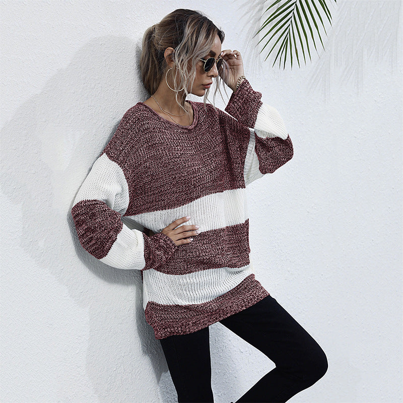 Damen Langer Oversize-Strickpullover mit breiten Blockstreifen und überschnittener Schulter Echoarchiv