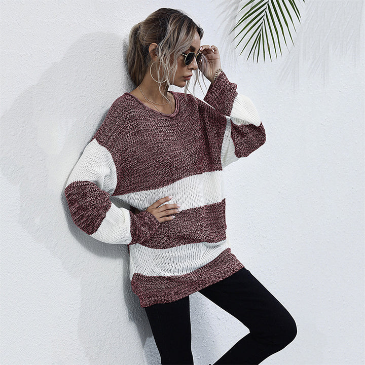 Damen Langer Oversize-Strickpullover mit breiten Blockstreifen und überschnittener Schulter Echoarchiv