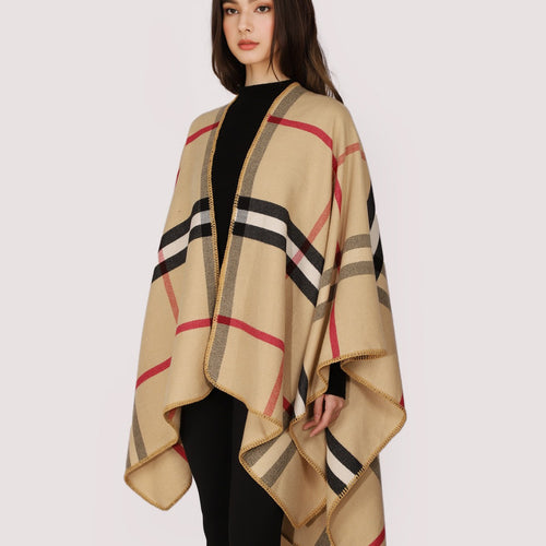 Damen Karierter Wollmix‑Poncho im Oversize‑Cape‑Schnitt mit Zierstichkante Echo Archiv
