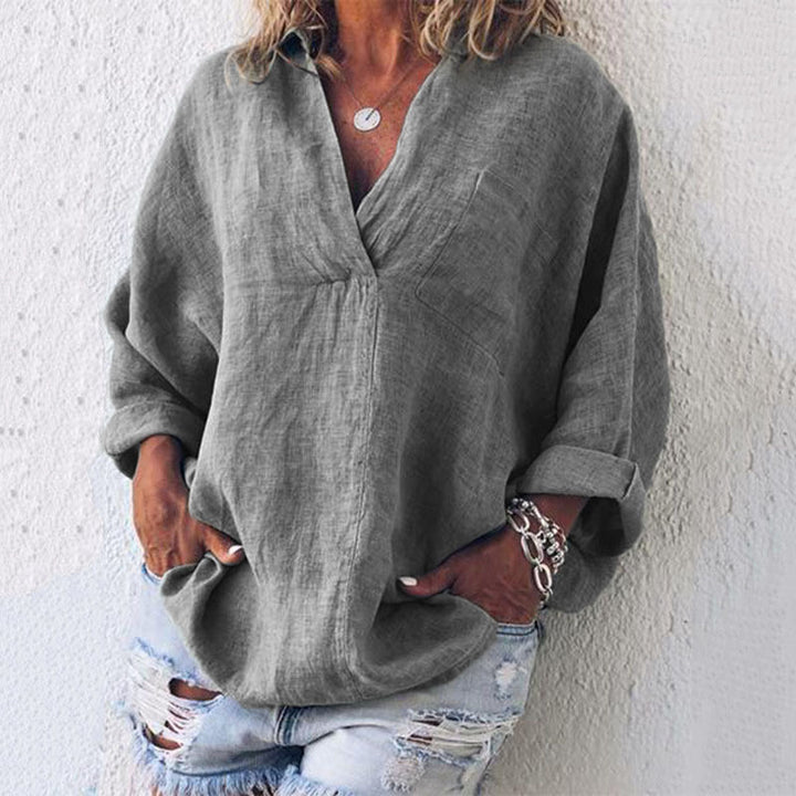 Damen Leinen Tunika Oversize mit V-Ausschnitt Brusttasche und hochrollbaren Ärmeln – Avérine
