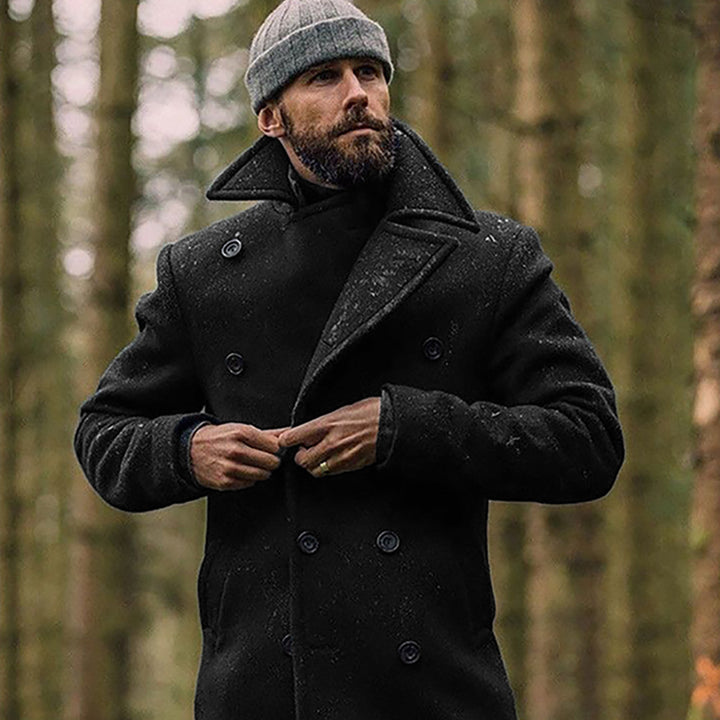 Herren klassischer Doppelreiher-Mantel mit hohem Kragen und edlem Stoff Echoarchiv