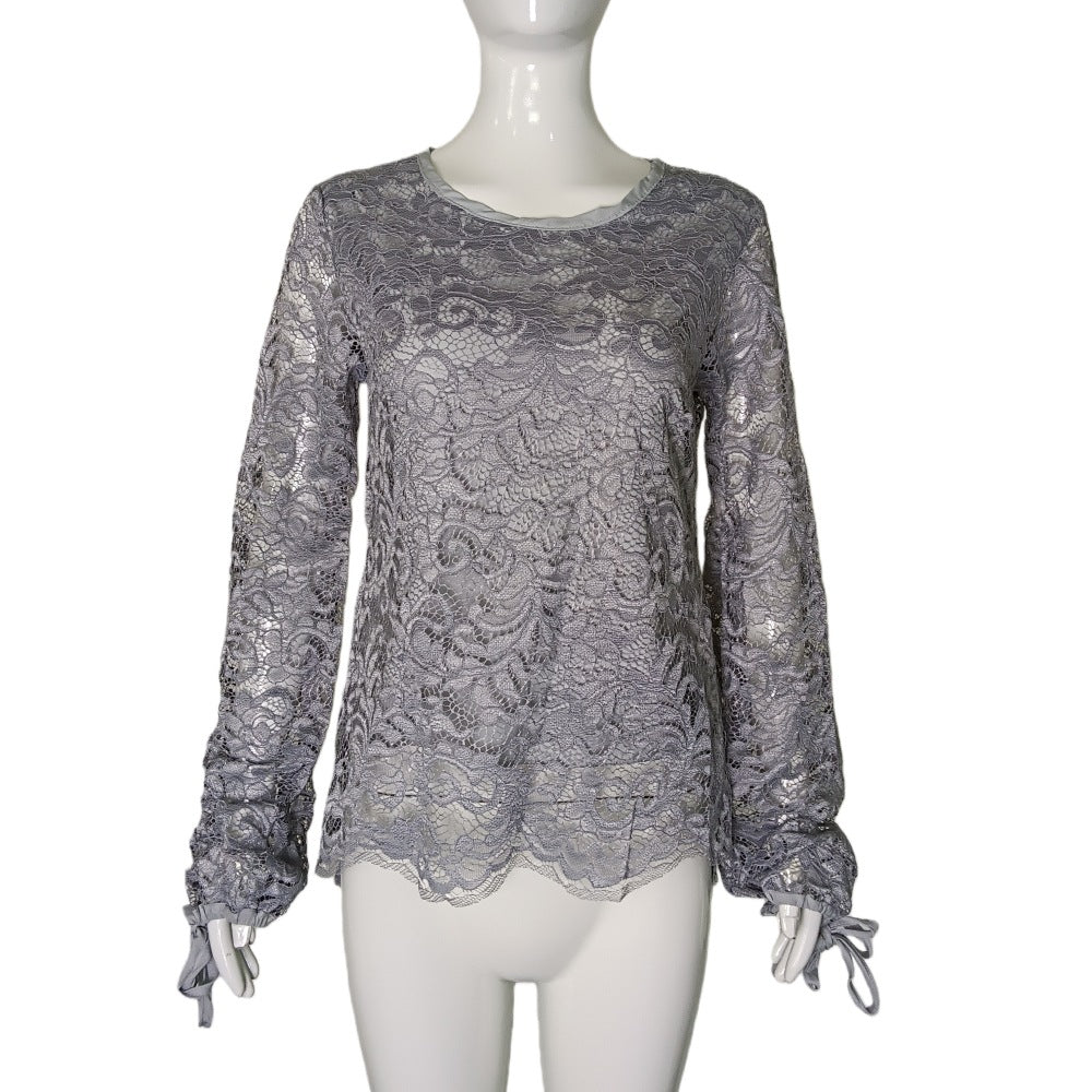 Damen Spitzenbluse mit durchgehendem Spitzen-Overlay, Rundhalsausschnitt und Schleifenärmeln Echoarchiv