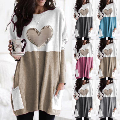 Damen Oversized Lange Pullover Tunika mit Pailletten-Herz und aufgesetzten Taschen Echoarchiv