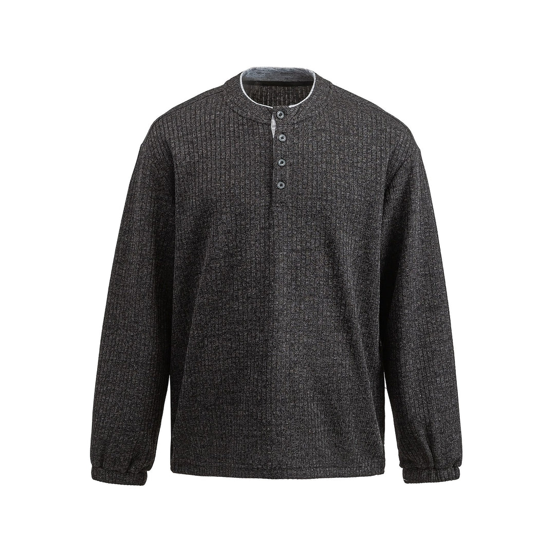 Herren Rippstruktur-Henley-Pullover mit Stehkragen und Knopfleiste Echoarchiv