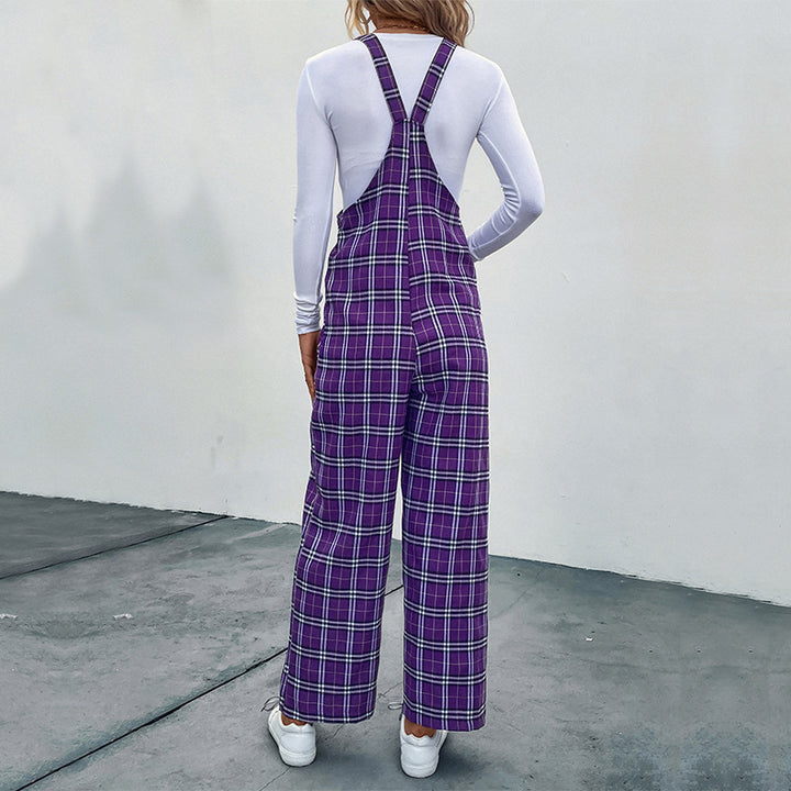 Damen Lässiger Karierter Jumpsuit mit breitem Bein und verstellbaren Trägern Echo Archiv