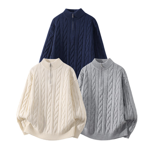 Damen Oversize Zopfmuster-Halbreißverschluss-Pullover mit Ballonärmeln und Stehkragen Echoarchiv