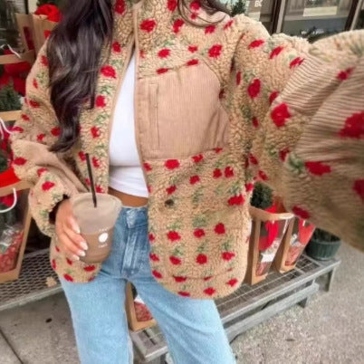 Damen nan Teddy-Fleece Jacke mit floralem Muster, Feincord-Einsätzen, Stehkragen und Reißverschluss Echo Archiv