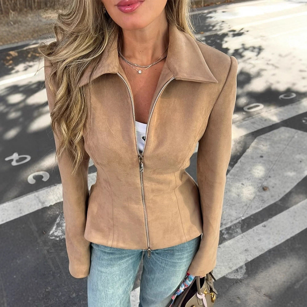 Damen Taillierte Velourslederoptik-Jacke mit Zweiwege-Reißverschluss Echoarchiv