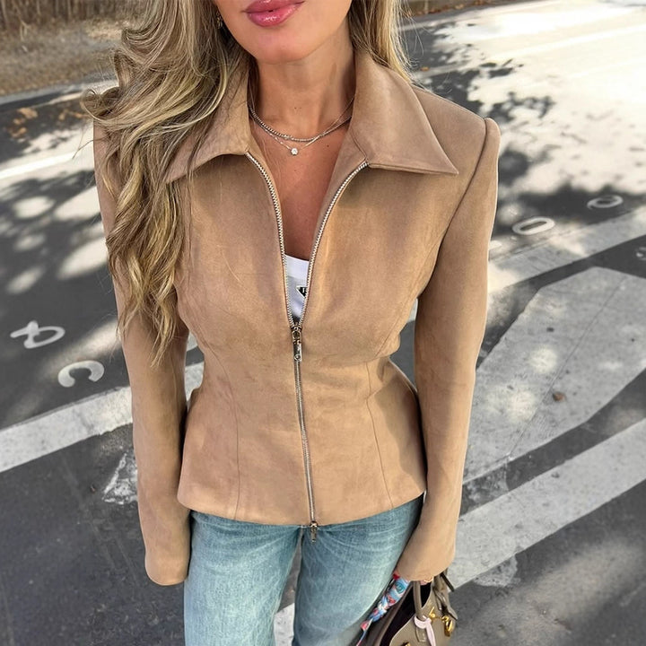 Damen Taillierte Velourslederoptik-Jacke mit Zweiwege-Reißverschluss Echoarchiv