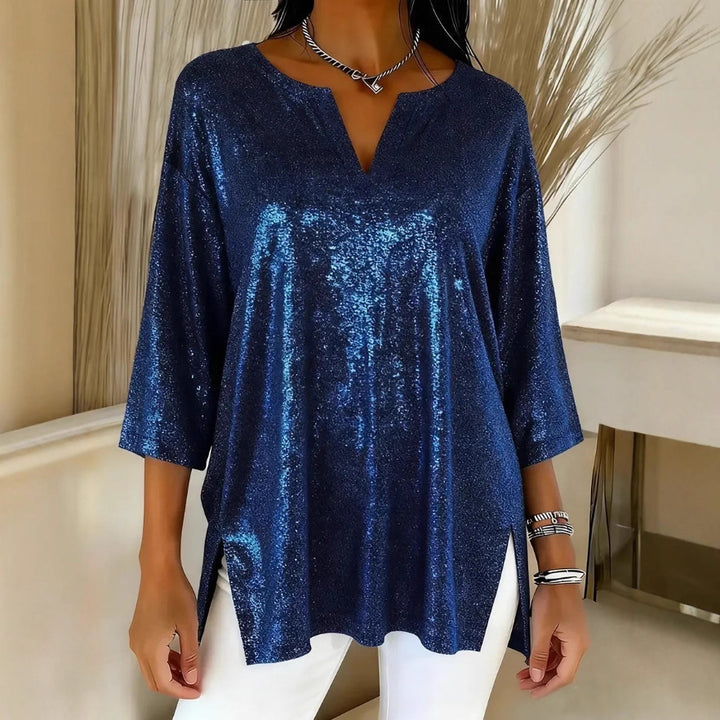 Damen Glitzerndes Oversize-Longshirt mit V-Ausschnitt und seitlichen Schlitzen Echoarchiv