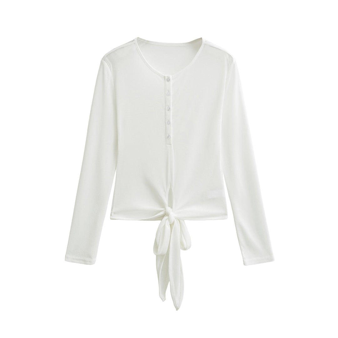 Damen Langarm-Henley-Top mit Knotenfront und Knopfleiste Echoarchiv