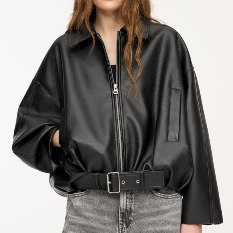 Damen Oversized Lederimitat-Blouson mit Taillengürtel Echo Archiv