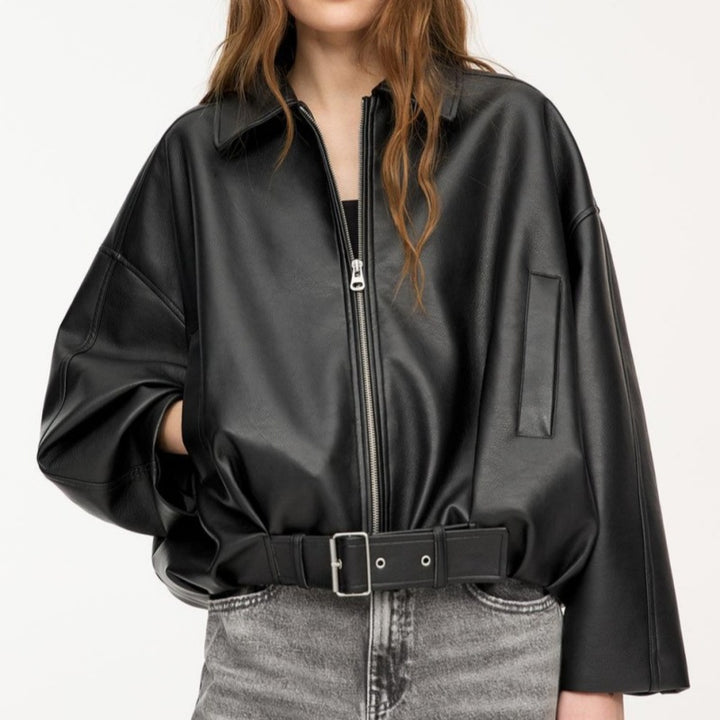 Damen Oversized Lederimitat-Blouson mit Taillengürtel Echo Archiv