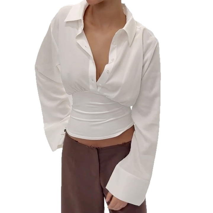Damen nan taillierte Cropped-Bluse mit Hemdkragen und breitem Stretchbund Echo Archiv