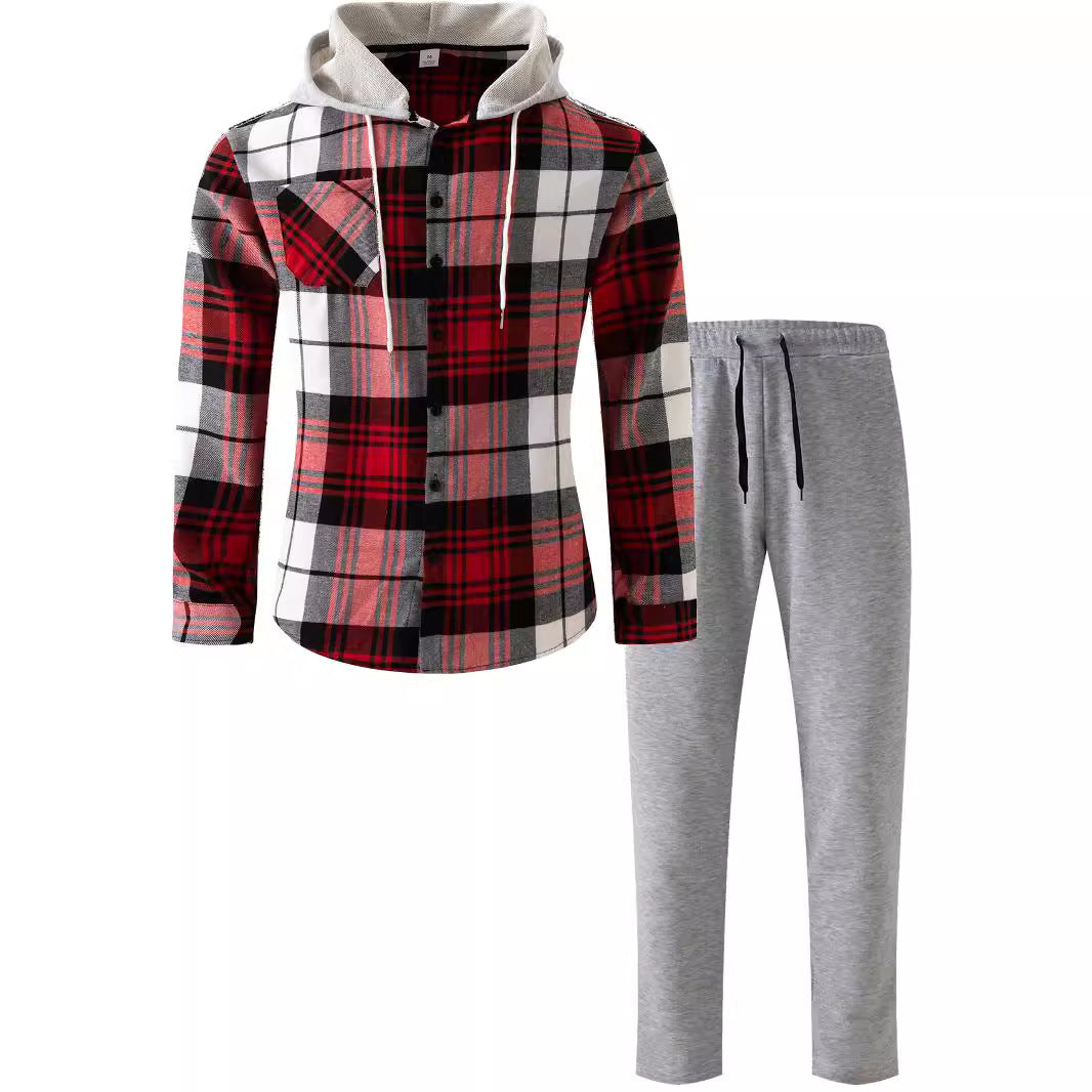 Herren lässiges Flanell-Hemd mit Kapuze und Jogginghose Set Echoarchiv