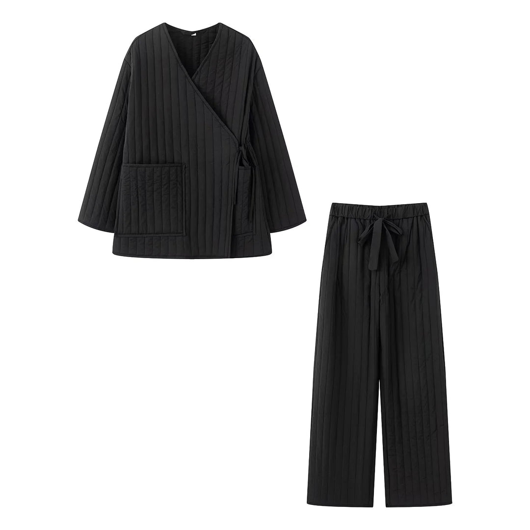 Damen gesteppter Kimono-Wickel-Loungewear-Set mit weiter Bundhose – Élanora