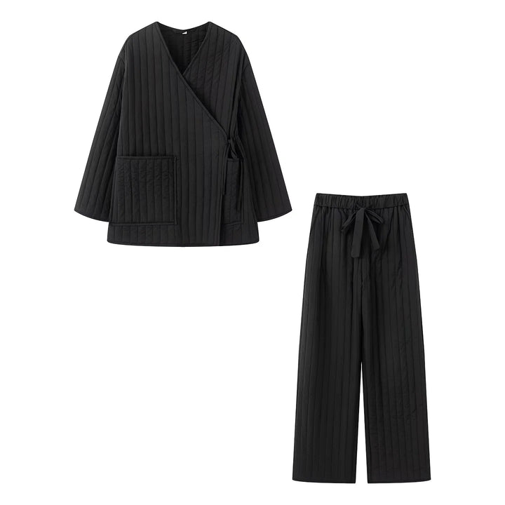 Damen gesteppter Kimono-Wickel-Loungewear-Set mit weiter Bundhose – Élanora