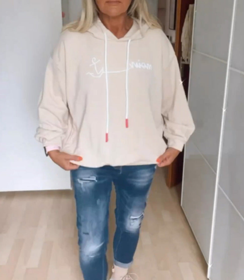 Damen nan lässiger Kapuzenpullover mit minimalistischer Liniengrafik, Kordelzug und geripptem Saum Echo Archiv