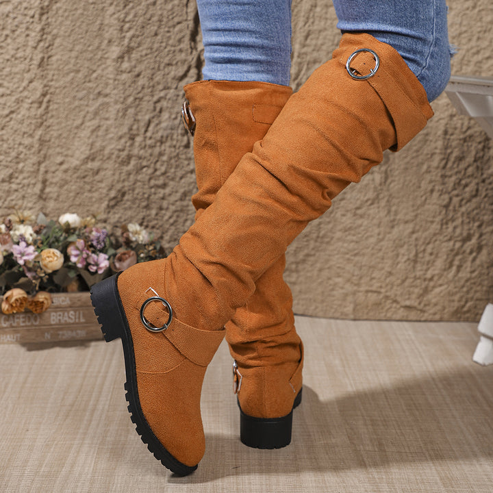 Damen kniehohe Slouch-Stiefel aus Wildlederoptik mit dekorativer Schnalle und rutschfester Profilsohle Echo Archiv