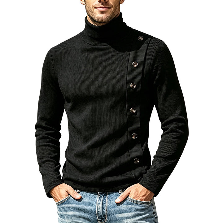 Herren Slim-Fit Rollkragenpullover mit asymmetrischer Zierknopfleiste aus Rippstrick Echoarchiv