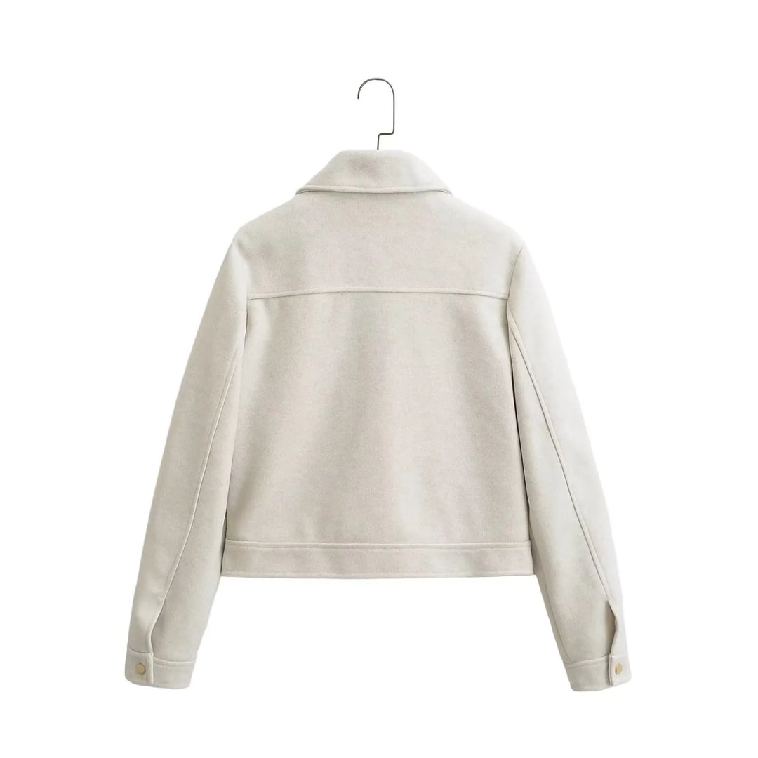 Damen boxy Wollblend Shacket mit verdecktem Metallreißverschluss, Hemdkragen und aufgesetzten Pattentaschen – Célinea