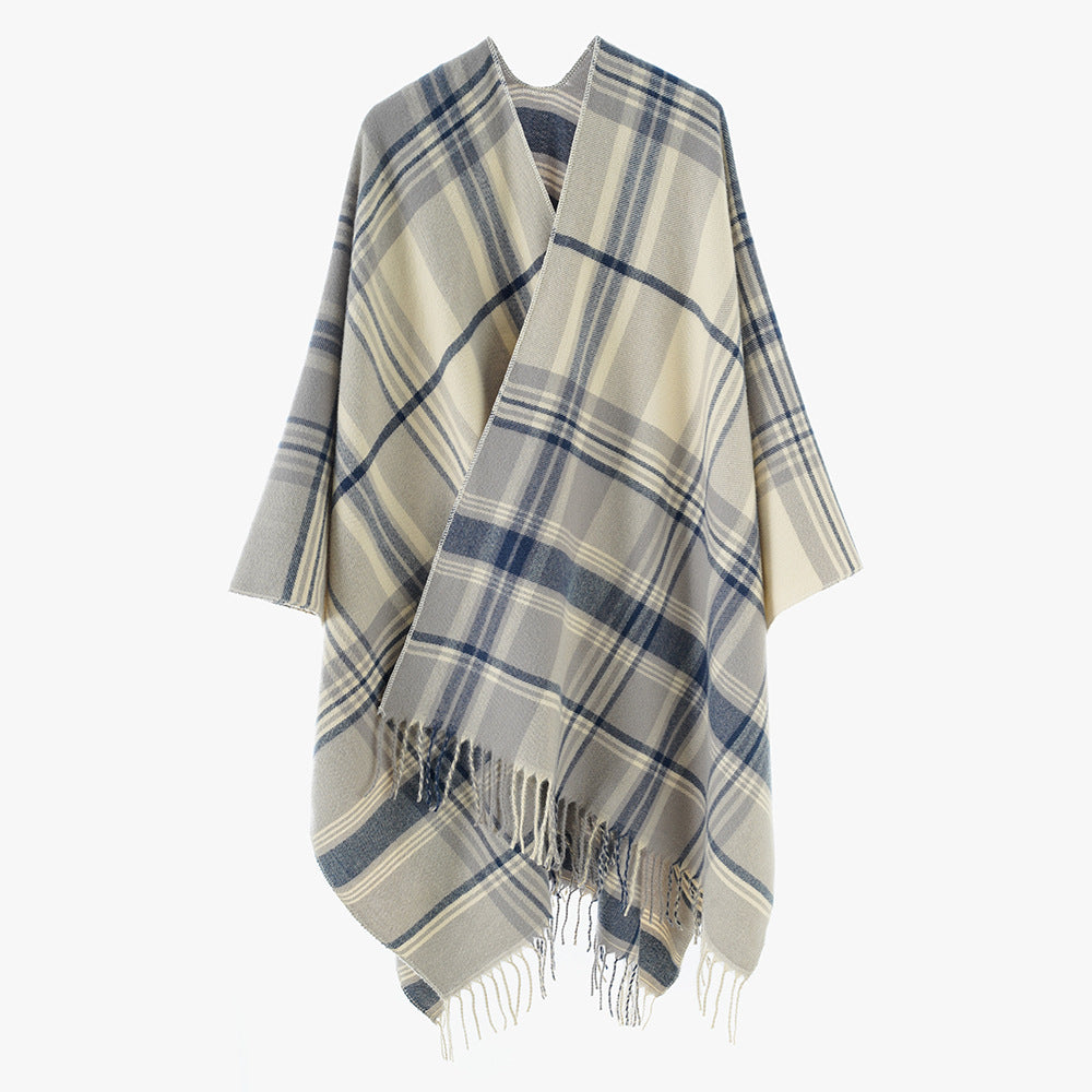 Damen Karierter Cape-Umhang aus Wollmix mit Fransen – Avérine