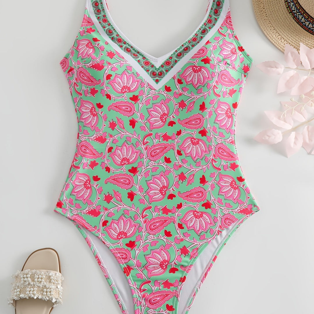 Damen Einteiliger Badeanzug mit floralem Design und modischen Trägern Echo Archiv