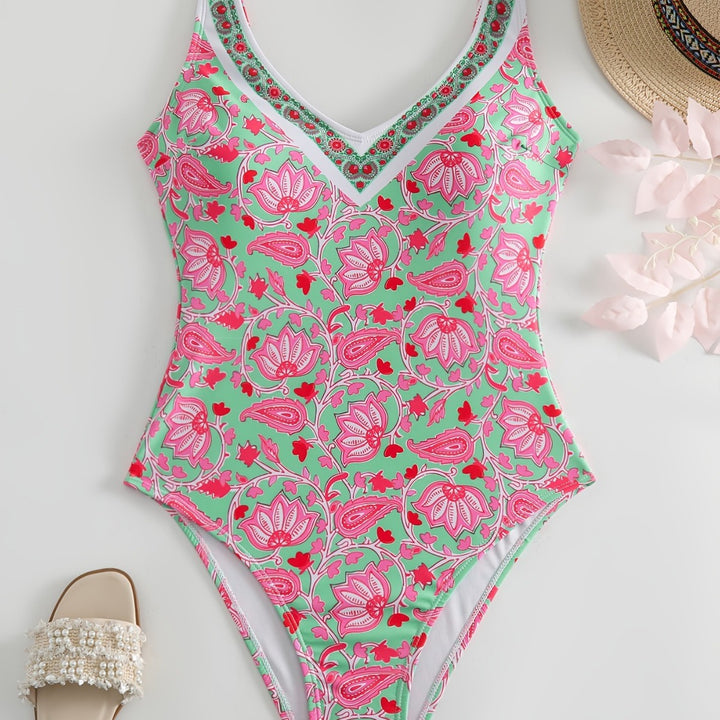 Damen Einteiliger Badeanzug mit floralem Design und modischen Trägern Echo Archiv