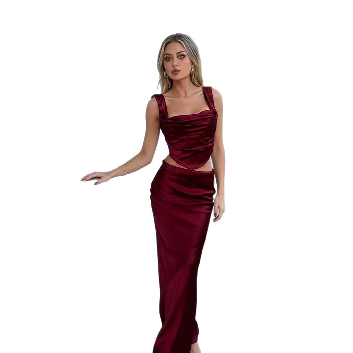 Damen Elegantes Satin Set mit tailliertem Oberteil und schwingendem Rock Echo Archiv