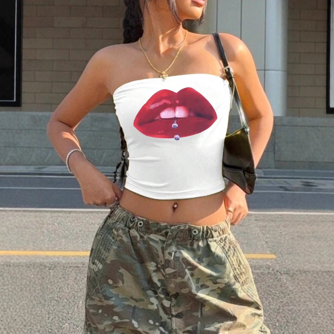 Damen Bandeau-Top mit auffälligem Lippenmotiv und figurbetontem Schnitt Echo Archiv