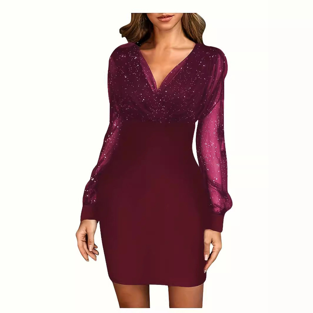 Damen Glitzerndes Cocktailkleid mit transparenten Ärmeln – Élara