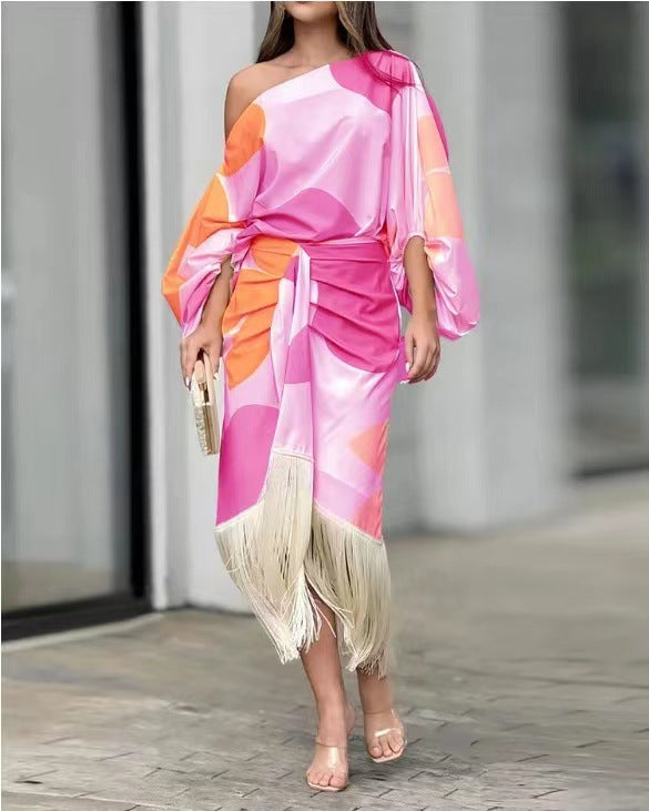 Damen nan asymmetrisches drapiertes Midikleid mit einseitiger Schulterpartie, voluminösem Ärmelschnitt und Fransen-Saum Echo Archiv