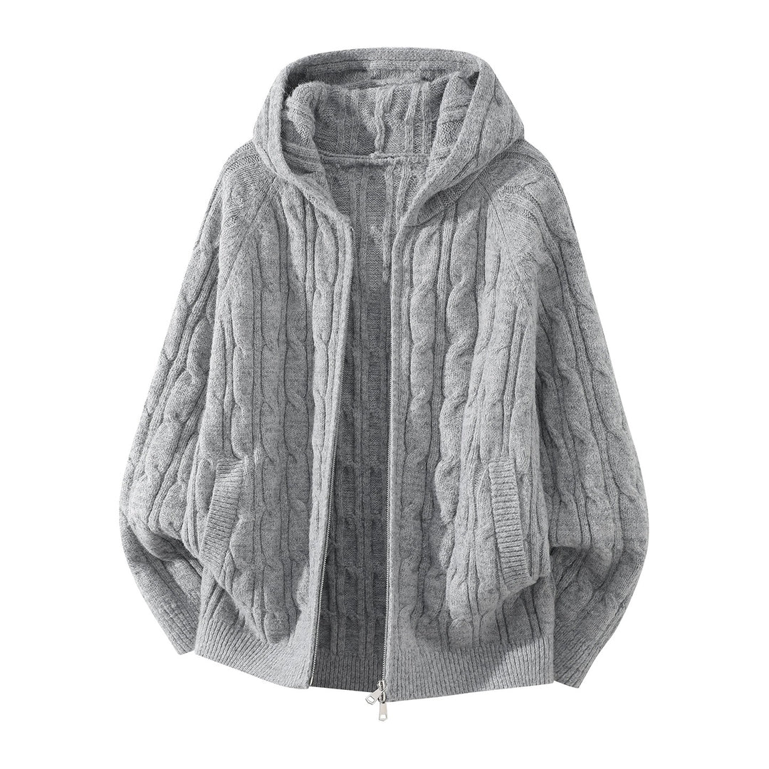 Damen Oversize Kapuzen-Strickjacke mit Zopfmuster und teilbarem Reißverschluss Echoarchiv