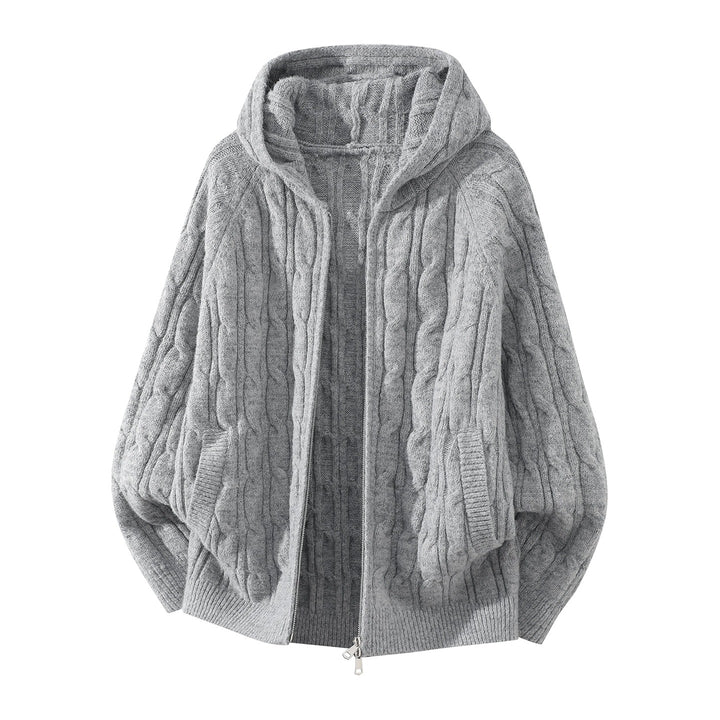Damen Oversize Kapuzen-Strickjacke mit Zopfmuster und teilbarem Reißverschluss Echoarchiv