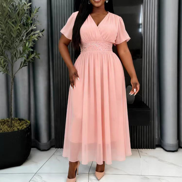 Damen Elegant Fließendes Maxikleid mit V-Ausschnitt und Taillierung Echo Archiv